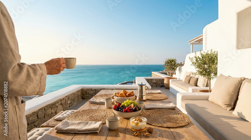 Luxury seaside breakfast table overlooking the Mediterranean, with fresh fruit, coffee, and elegant minimalist architecture creating a serene summer vacation atmosphere.