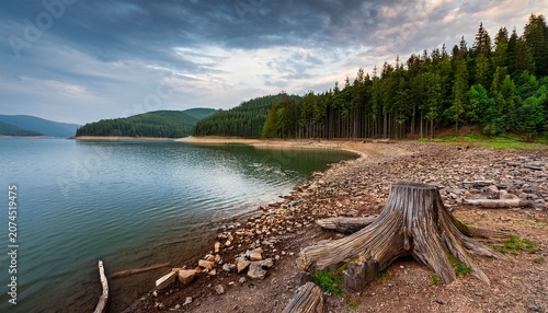 Bureya Reservoir Shoreline With Exposed Tree Stumps Rocky Ground And Dense Green Forest Backdrop