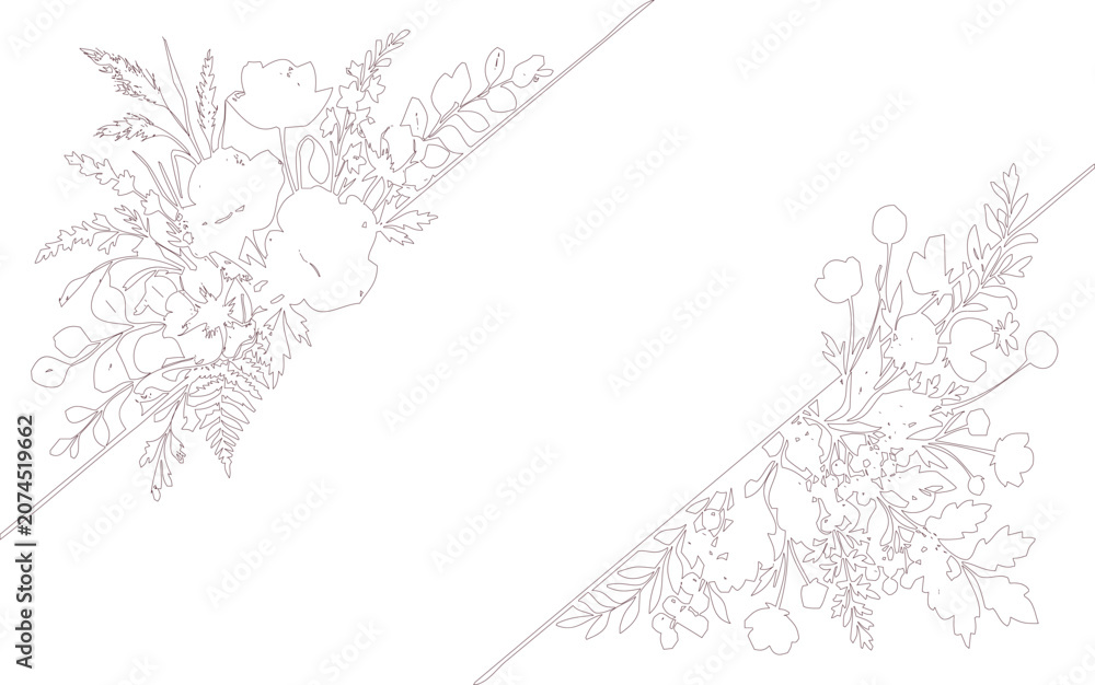 Obraz premium Floral line art illustration with leaves and flowers on white background
