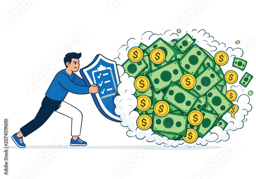 Man holding shield protecting money and coins from flying away