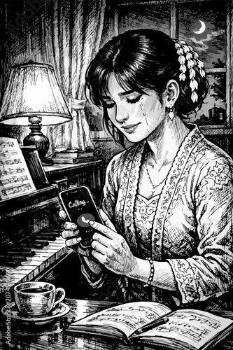 Fotografie A woman receives heartbreaking news through a phone call line art illustration