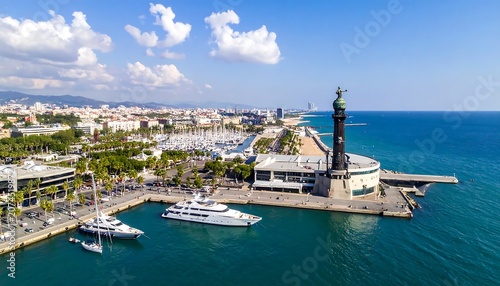 Sunny Coastal Marina with Monument Tower and Yachts Along Mediterranean City Waterfront