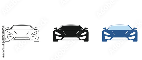 Sports car Vector icon Set in Three Styles — Line Art, Silhouette and Color Version with different color fills on transparent background