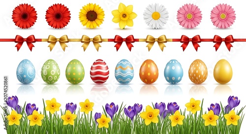 Collection of colorful spring flowers, decorative ribbons with bows, and patterned easter eggs set