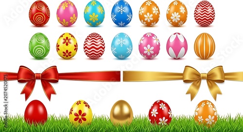 Collection of colorful patterned easter eggs with red and gold ribbons on a green grass background set