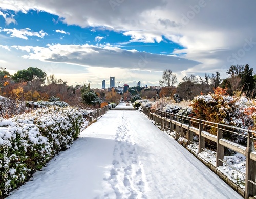 Snow Covered Park Path Leading Toward Distant City Skyline Under Dramatic Cloudy Sky