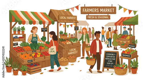 Illustration of a bustling outdoor farmers market with people shopping for fresh organic produce.