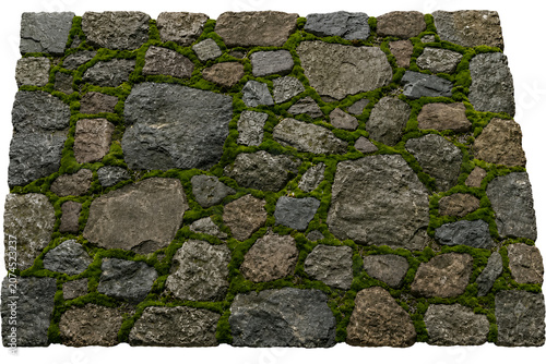 Natural mossy stone wall texture isolated on transparent background. Rustic cobblestone paving or rock pavement with green moss joints