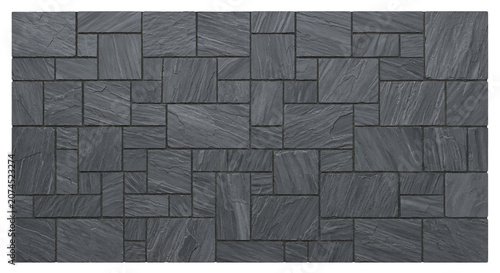Dark gray slate stone wall texture isolated on transparent background. Modern charcoal block paving pattern