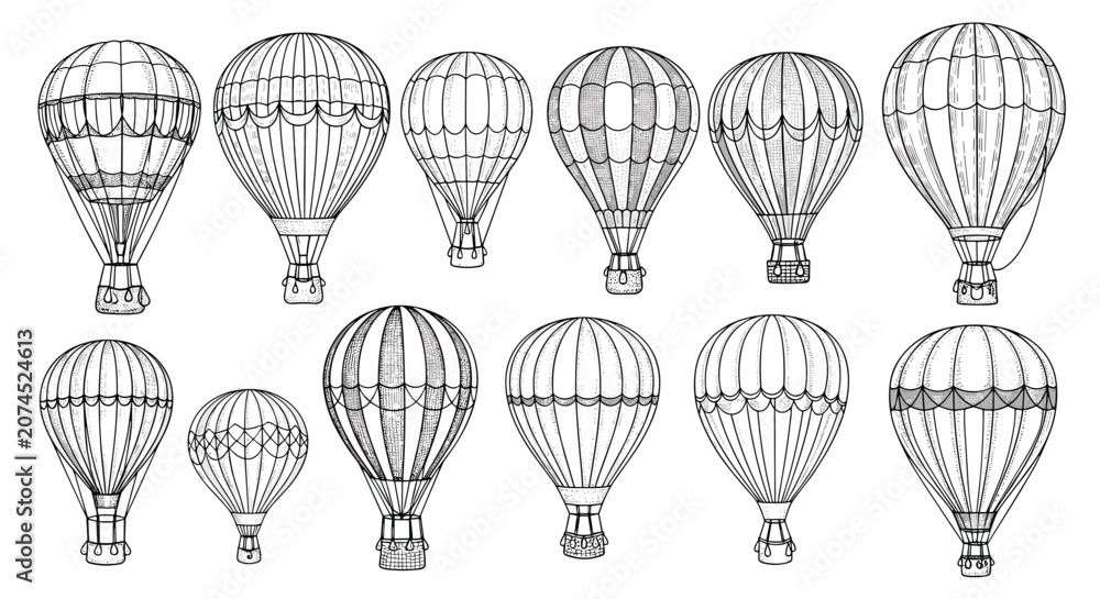 Obraz premium Set of thirteen vintage hot air balloons with diverse patterns and designs in a classic hand drawn engraving style.