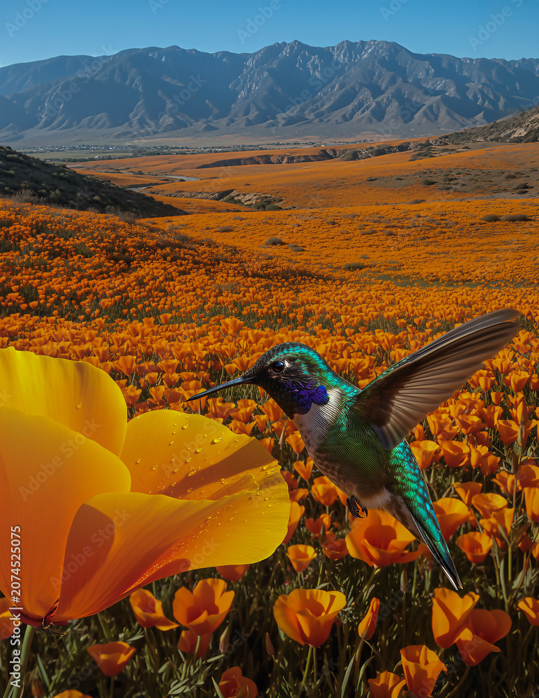 Obraz premium California poppy fields in full bloom with a hummingbird feeding from a vibrant orange flower, capturing the beauty of native wildlife and spring landscapes.