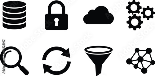 Big data analytics and database management icons set featuring cloud hosting network security and process optimization symbols