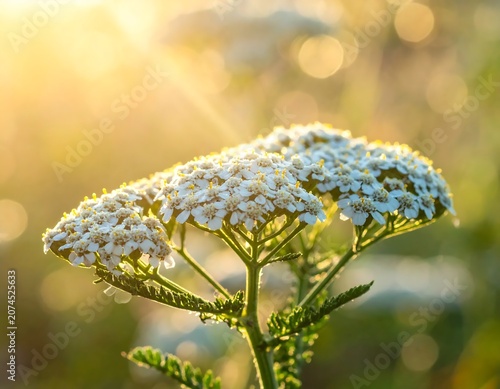 Delicate White Yarrow Blooming in Sunlit Meadow at Golden Hour