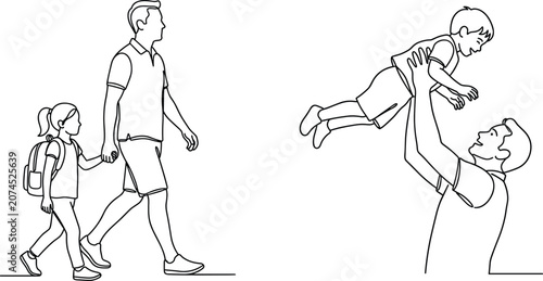 Father with Daughter Walking to School and Dad Lifting Son Up in the Air Minimalist Line Art Vector Illustration Set for Coloring Pages