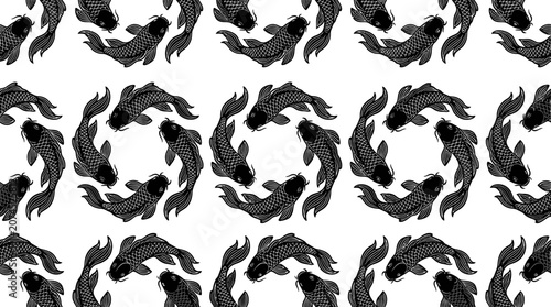 Seamless Pattern of Black Koi Fish Swirling in Circles, Hand-Drawn Style