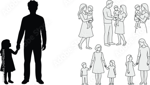 Father and Daughter Silhouette with Parents and Children Line Art Vector Illustration Set for Family Care, Coloring Pages, and Minimalist Graphic Designs
