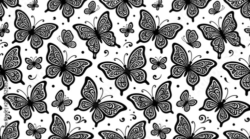 Intricate Black Lace Butterfly Pattern on White Background