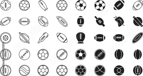Extensive collection of american football and soccer ball in various outline and solid black styles