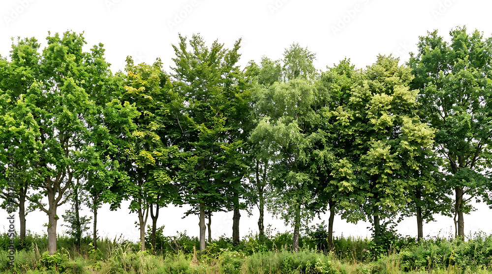 Fototapeta premium Row of green leafy trees with white background foliage