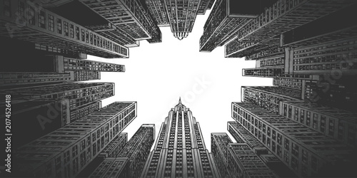 Foto Low angle view of tall city skyscrapers looking up at the sky in a big urban cen