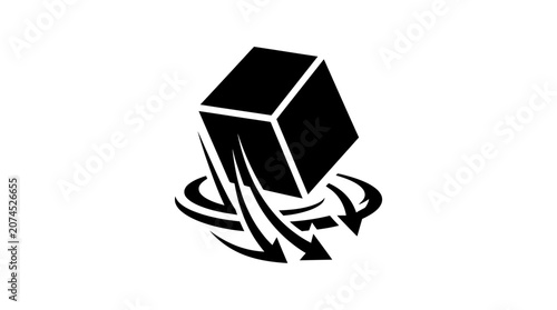 Obraz na płótnie Black cube icon, 3D block symbol, rotating arrows, dynamic graphic element, abst