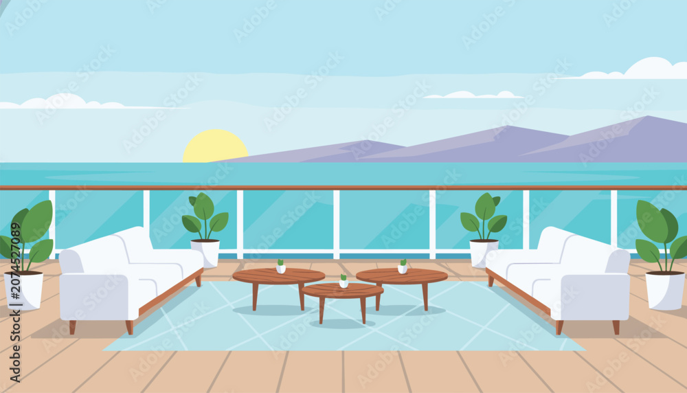 Fototapeta premium Elegant outdoor patio lounge on a luxury cruise ship deck with white sofas and wooden tables overlooking the calm blue ocean waves.