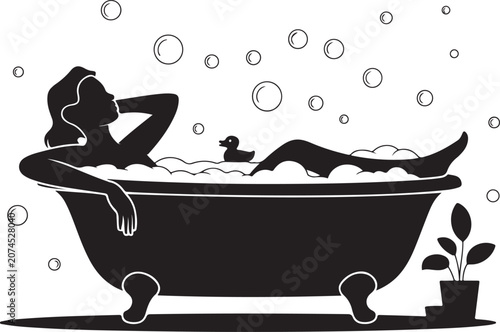 Obraz na płótnie Woman relaxing in a bathtub with bubbles and duck toy