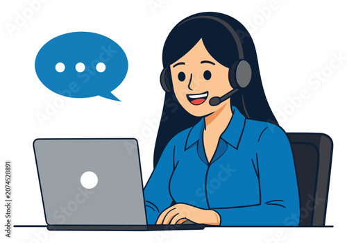 Woman wearing headset sitting at desk with laptop computer and speech bubble