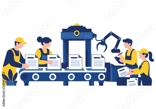 Workers on a production line with industrial robot and conveyor belt moving papers