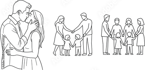 Romantic Couple Kissing and Happy Family Holding Hands in a Circle Line Art Vector Set for Coloring Pages, Minimalist Posters, and Cards