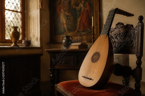 A Renaissance room interior with a lute leaning against a wooden chair.