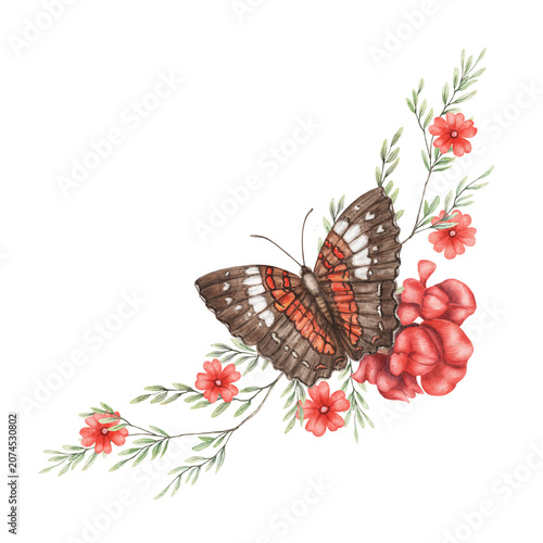Фотография Watercolor Scarlet Peacock butterfly and red snapdragon flowers composition