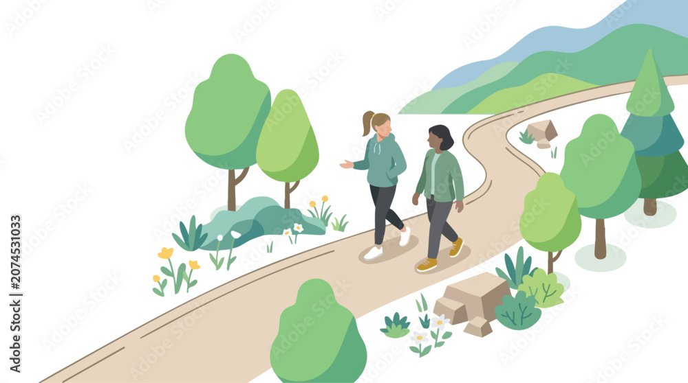 Naklejka premium Friends Wellness Walk Along Scenic Nature Trail for Healthy Lifestyle and Outdoor Friendship Illustration
