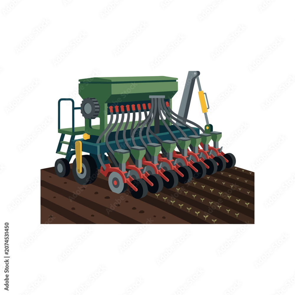Naklejka premium Seed drill machine planting crops in soil for farming.