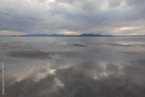 Storm clouds over The Great Salt Lake at Antelope Island State Park, Utah, USA