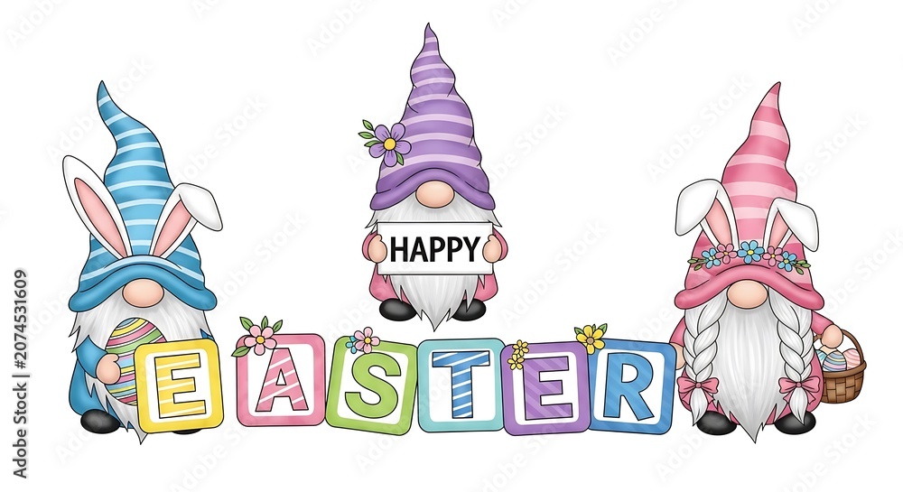 Fototapeta premium Three cute easter gnomes holding colorful alphabet blocks spelling the word easter on white background