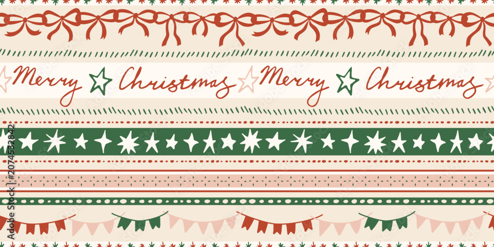 Fototapeta premium Seamless Christmas patterns with bow knots garland, stars and flags. Trendy xmas stripes design. Hand drawn vector illustration. Holiday background, wrapping paper.