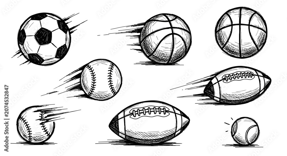 Fototapeta premium Hand-Drawn Sketch of Dynamic Sports Balls with Motion Blur: Soccer, Basketball, Baseball, and American Football, isolated white background.