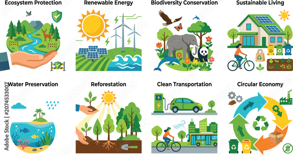 Fototapeta premium Environmental sustainability and green ecology concepts set featuring renewable energy biodiversity protection circular economy and sustainable living illustrations