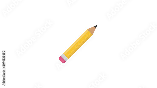 Yellow pencil with pink eraser on white background, flat design
