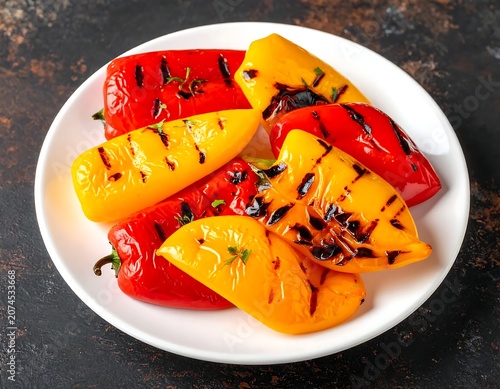 Colorful Grilled Bell Pepper Halves Arranged on White Plate on Dark Table