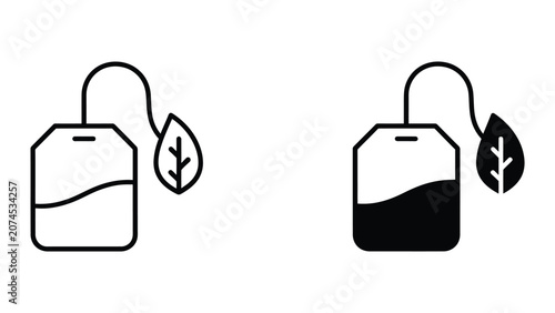 Tea bag and leaf outline and solid vector illustration