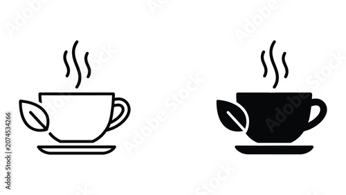 Steaming tea cup with leaf outline and solid vector icon