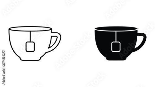 Tea cup with tea bag outline and solid vector illustration