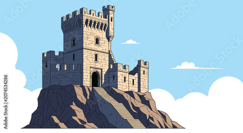 Fotografie Majestic medieval stone castle perched atop a rocky cliff against a bright blue sky with white clouds in a pixel art style