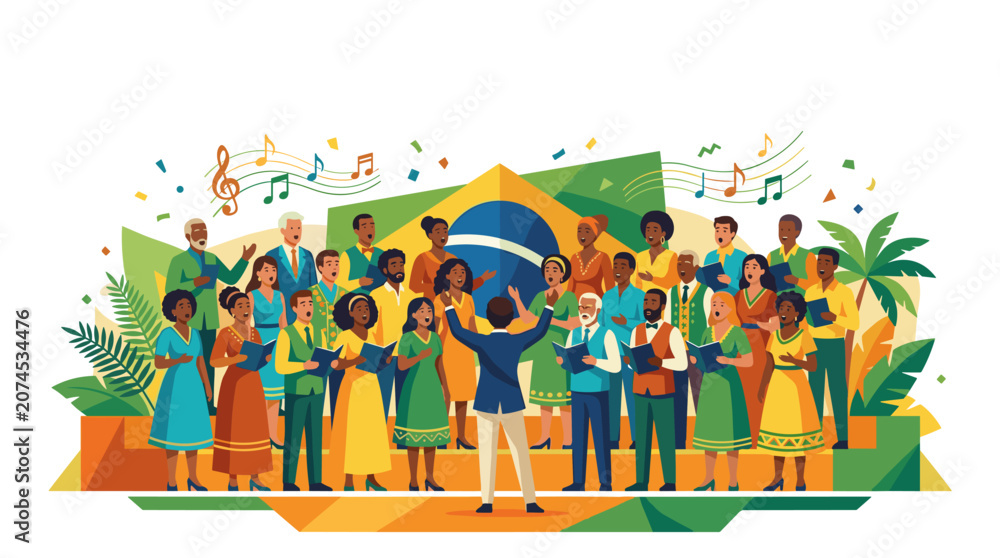 Naklejka premium Diverse Choir Sings Joyfully with Brazilian Flag Backdrop and Musical Notes independence of Brazil