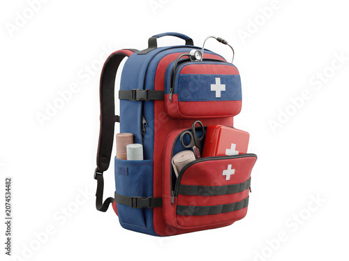 Realistic Emergency Medical Backpack with First Aid Supplies, Paramedic Rescue Bag, Healthcare Equipment PNG Isolated on Transparent Background