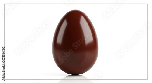 A single smooth dark brown chocolate egg standing upright on a clean and bright white background area