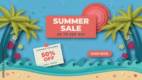 Vibrant summer sale advertisement with beach background
