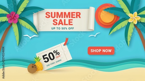 Vibrant summer sale advertisement with palm trees and discount tag on beach